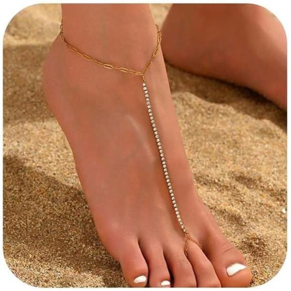 Anklets for Women Waterproof 18K Gold Plated Pearl Beaded Heart Diamond Ankle